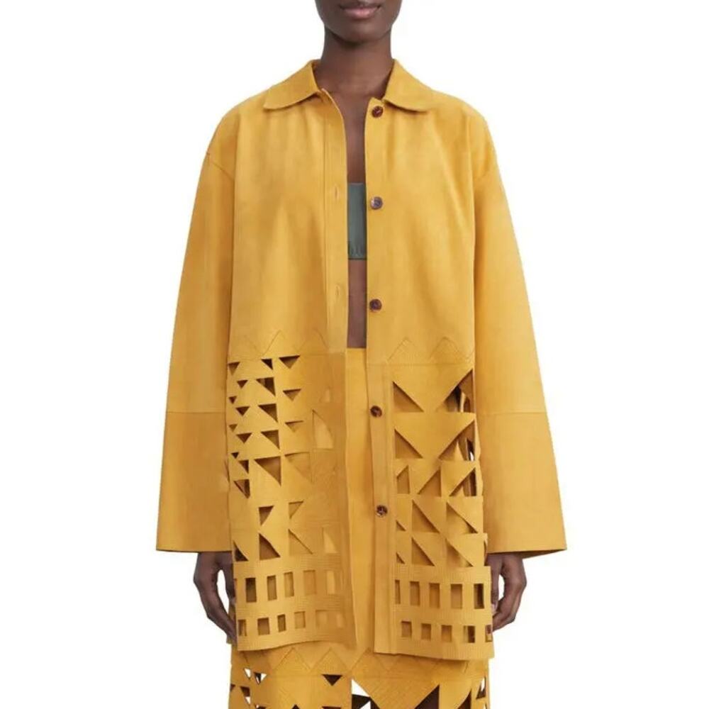 LAFAYETTE 148 NEW Clyde Laser Cut Suede Jacket Spiced Honey Yellow Women's XL